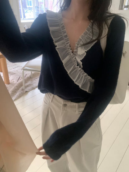 🌿 Sheer Ruffle V-Neck Knit Top