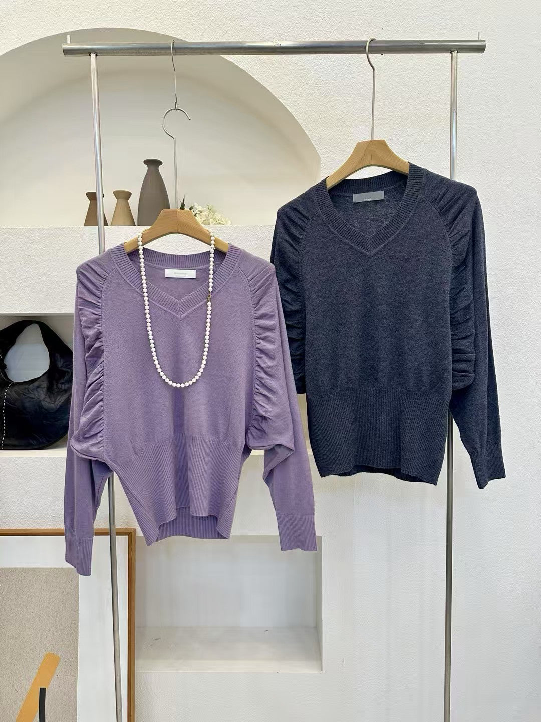 V-Neck Ruched Sleeve Knit Top