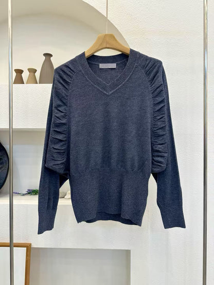 V-Neck Ruched Sleeve Knit Top