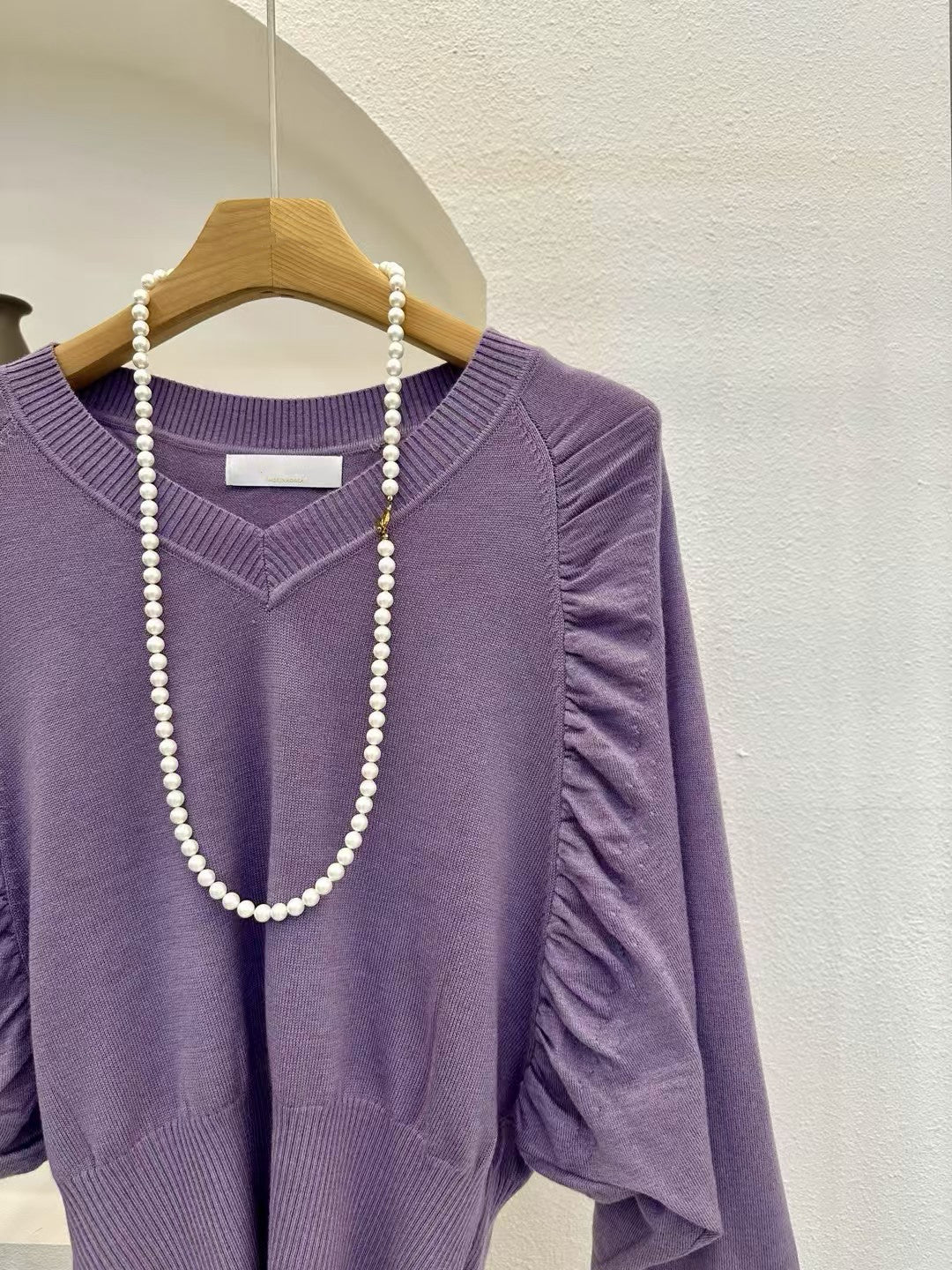 V-Neck Ruched Sleeve Knit Top