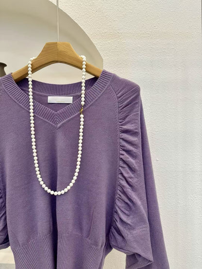 V-Neck Ruched Sleeve Knit Top