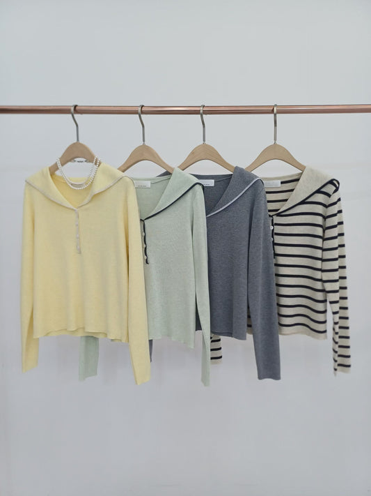 💛🩵🩶🤍 Sailor Collar Fine Knit Top