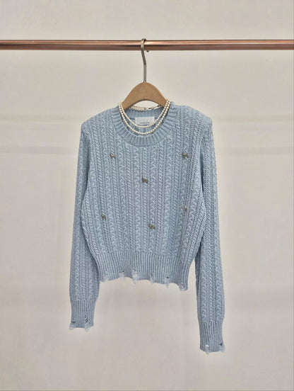 🩷🩵 Textured Knit Jewel Detail Top
