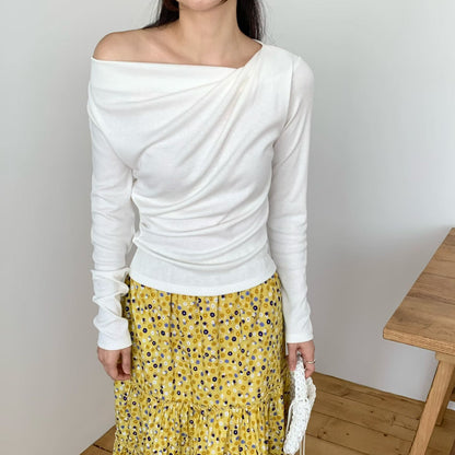 🤍 🩵Soft Drape Asymmetry Long-Sleeve Top