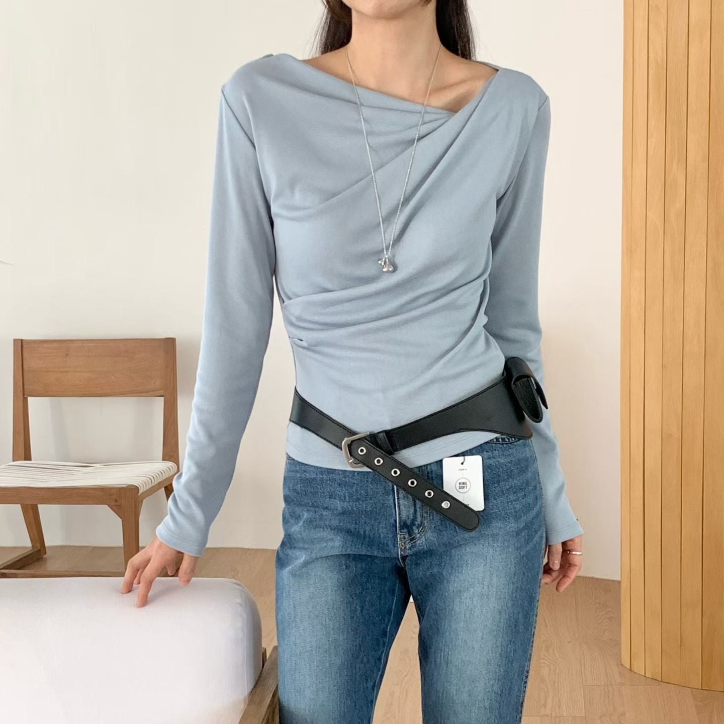 🤍 🩵Soft Drape Asymmetry Long-Sleeve Top