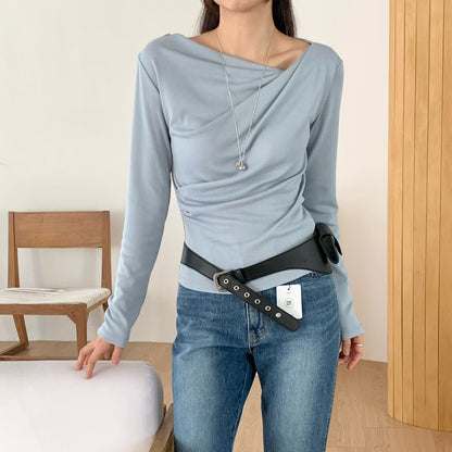🤍 🩵Soft Drape Asymmetry Long-Sleeve Top