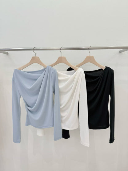 🤍 🩵Soft Drape Asymmetry Long-Sleeve Top