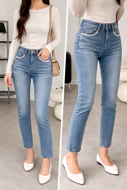 👖Lace Trim 9/10 Half Skinny Denim