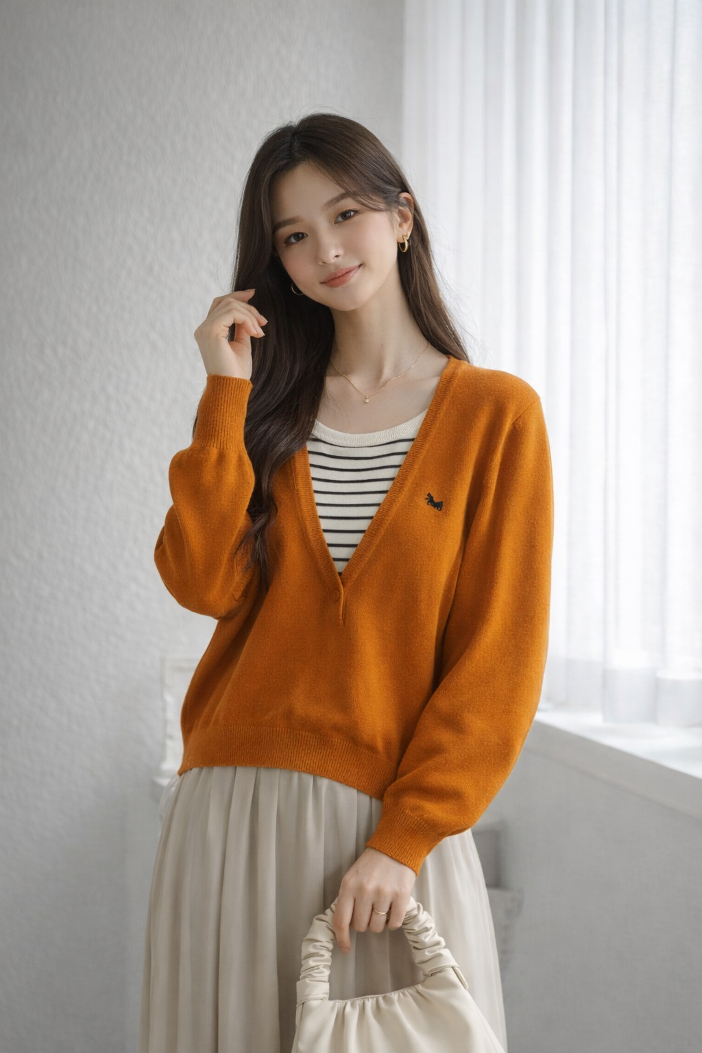 🧡🖤🤍2-Piece Knit Cardigan Top｜假兩件針織上衣