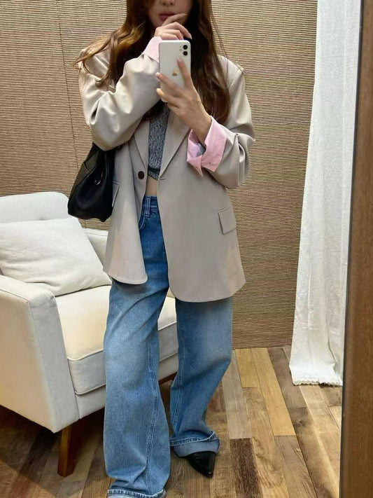 Contrast-Cuff Relaxed Tailored Blazer