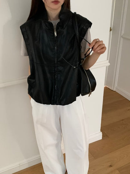 Trendy Faux-Leather Vest Convertible Zip Jacket 可拆袖仿皮拉鍊外套