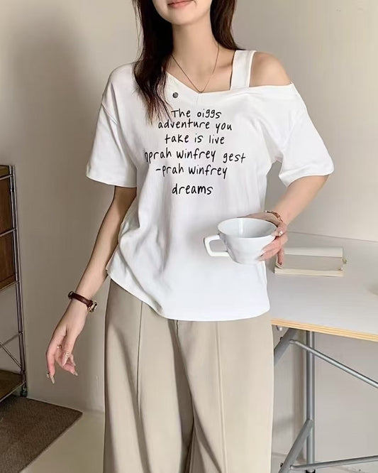 Strap Quote Tee – Off-Shoulder Mood