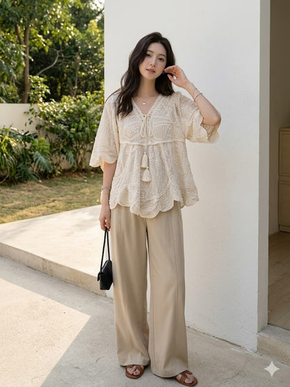 Boho Embroidered Lace Tassel Blouse