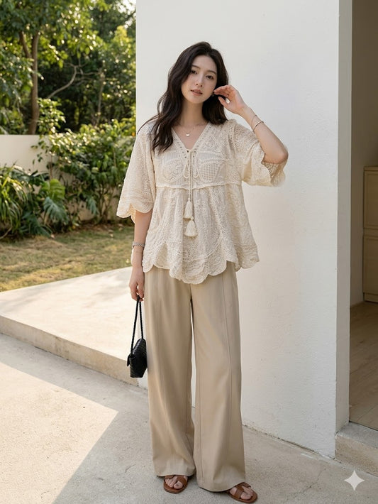 Boho Embroidered Lace Tassel Blouse