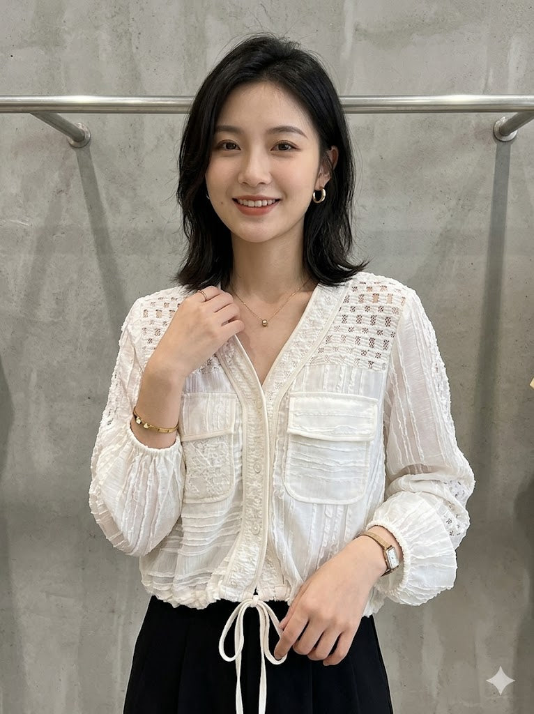 Textured Lace V-Neck Cardigan Blouse