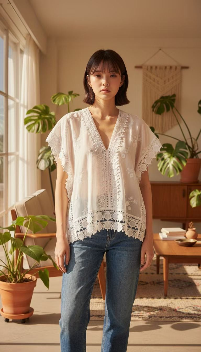 ✨ Bohemian Lace Embroidered V-Neck Blouse