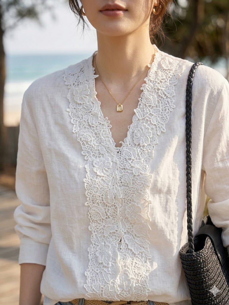 Lace Trim V-Neck Linen Blouse