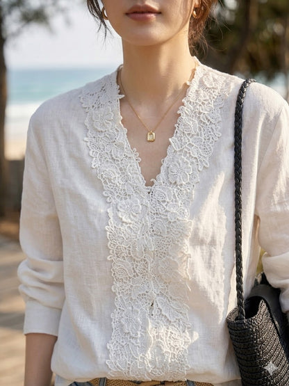 Lace Trim V-Neck Linen Blouse