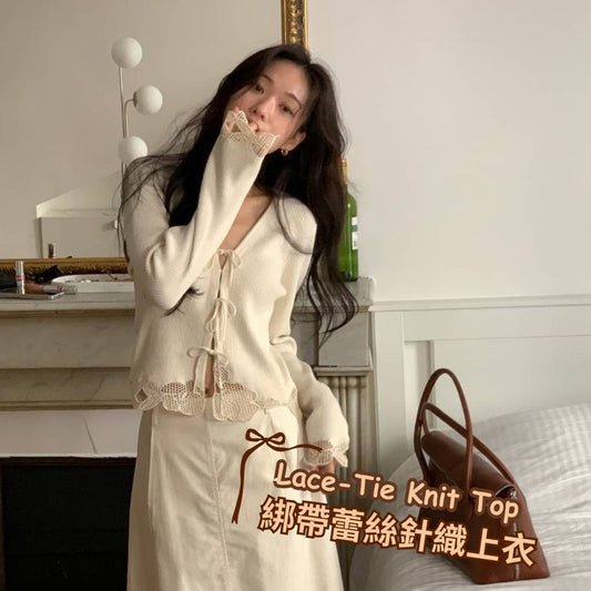 Lace-Tie Knit Top 綁帶蕾絲針織上衣